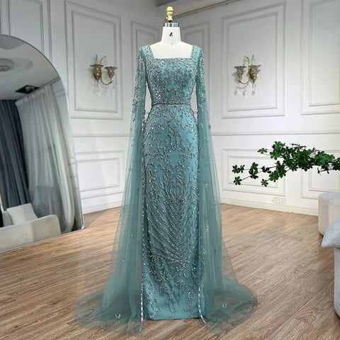 Robe de soirée de luxe turquoise arabe à manches cape LA72400