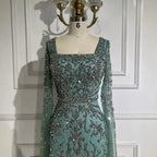Luxury Arabic Turquoise Evening Dress with Cape Sleeves LA72400