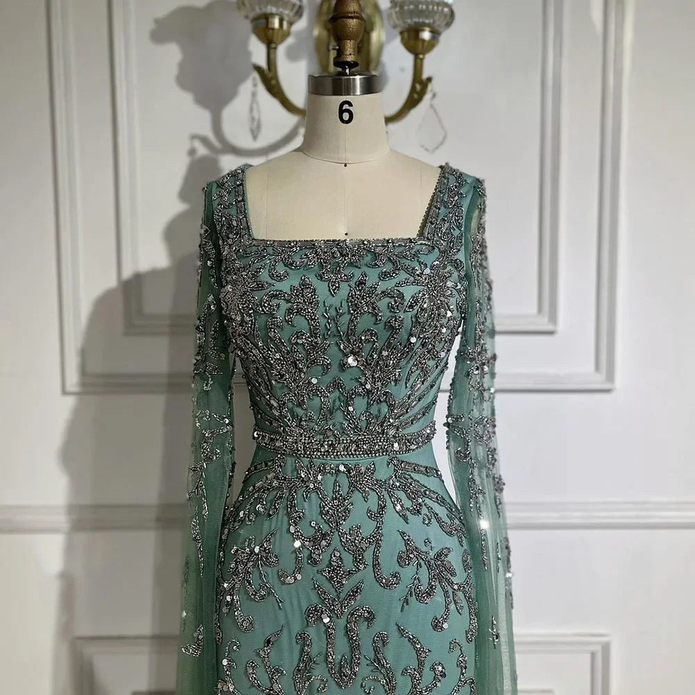 Luxury Arabic Turquoise Evening Dress with Cape Sleeves LA72400