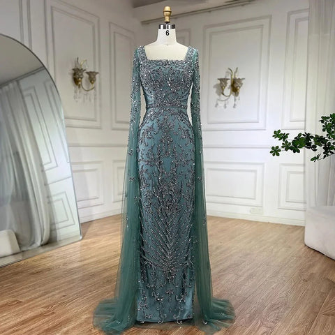 Robe de soirée de luxe turquoise arabe à manches cape LA72400