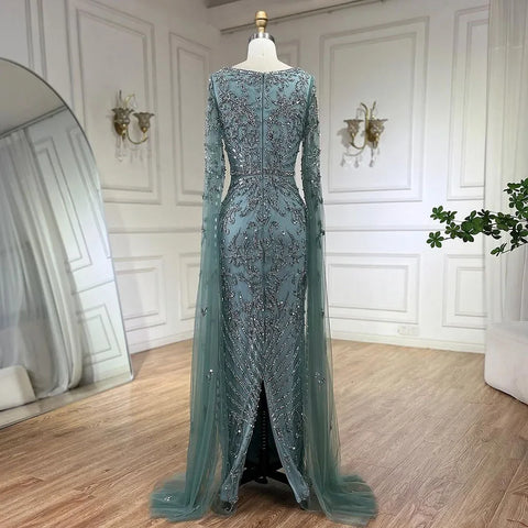 Robe de soirée de luxe turquoise arabe à manches cape LA72400