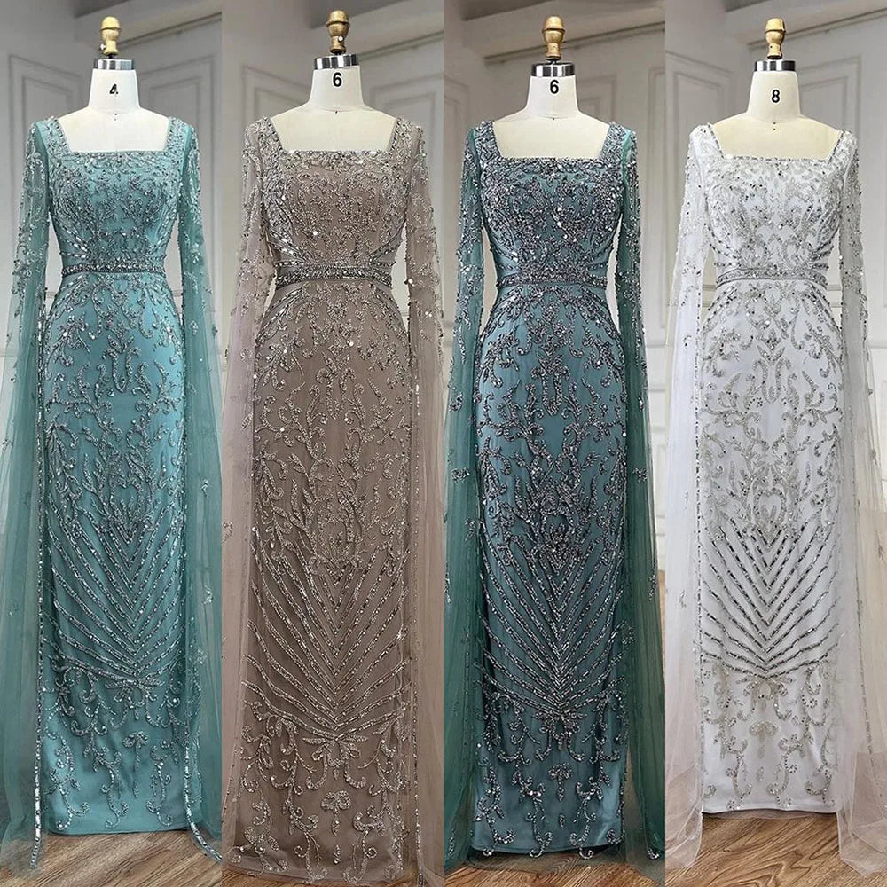 Luxury Arabic Turquoise Evening Dress with Cape Sleeves LA72400