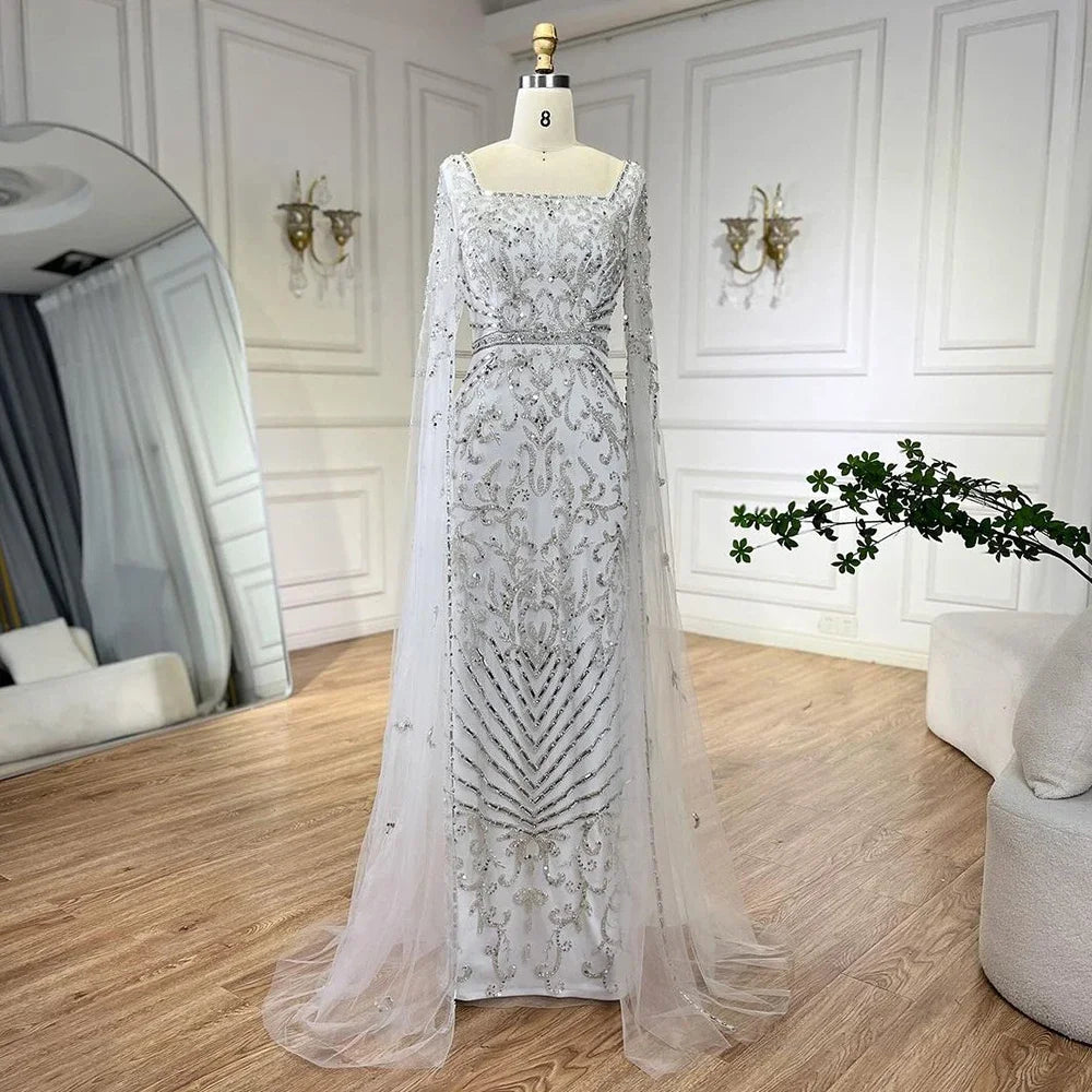 Luxury Arabic Turquoise Evening Dress with Cape Sleeves LA72400