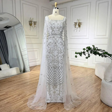 Robe de soirée de luxe turquoise arabe à manches cape LA72400