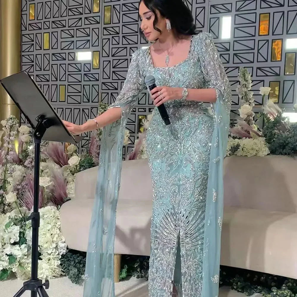 Luxury Arabic Turquoise Evening Dress with Cape Sleeves LA72400