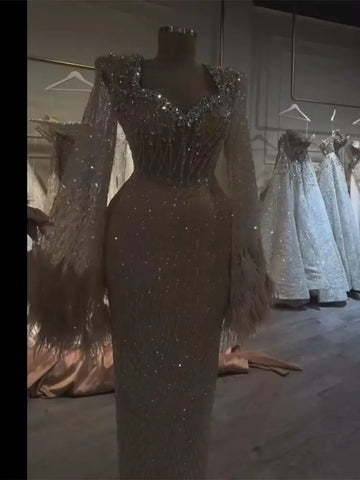 Robe de soirée arabe couleur chair, perlée, avec poignets en plumes et manches longues, pour une occasion spéciale, LA72892, 2025