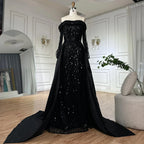 Vestido de noche negro con corsé de hombros descubiertos y cuentas, con sobrefalda de satén desmontable, ideal para ocasiones formales (LA72254B) 