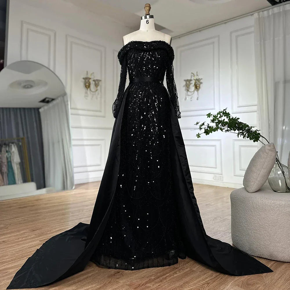 Vestido de noche negro con corsé de hombros descubiertos y cuentas, con sobrefalda de satén desmontable, ideal para ocasiones formales (LA72254B) 