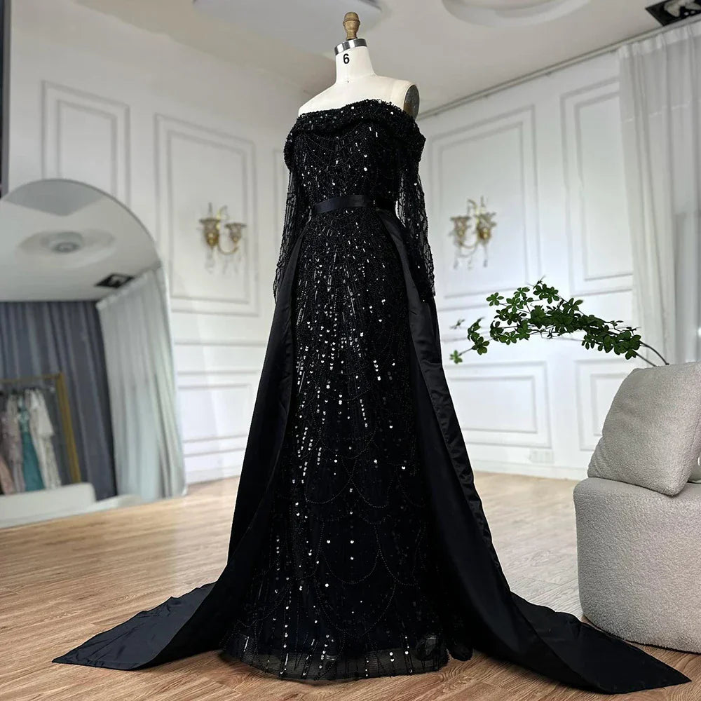 Vestido de noche negro con corsé de hombros descubiertos y cuentas, con sobrefalda de satén desmontable, ideal para ocasiones formales (LA72254B) 