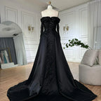Vestido de noche negro con corsé de hombros descubiertos y cuentas, con sobrefalda de satén desmontable, ideal para ocasiones formales (LA72254B) 