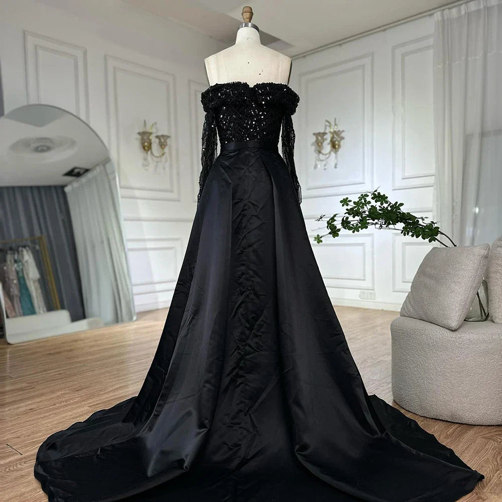 Vestido de noche negro con corsé de hombros descubiertos y cuentas, con sobrefalda de satén desmontable, ideal para ocasiones formales (LA72254B) 
