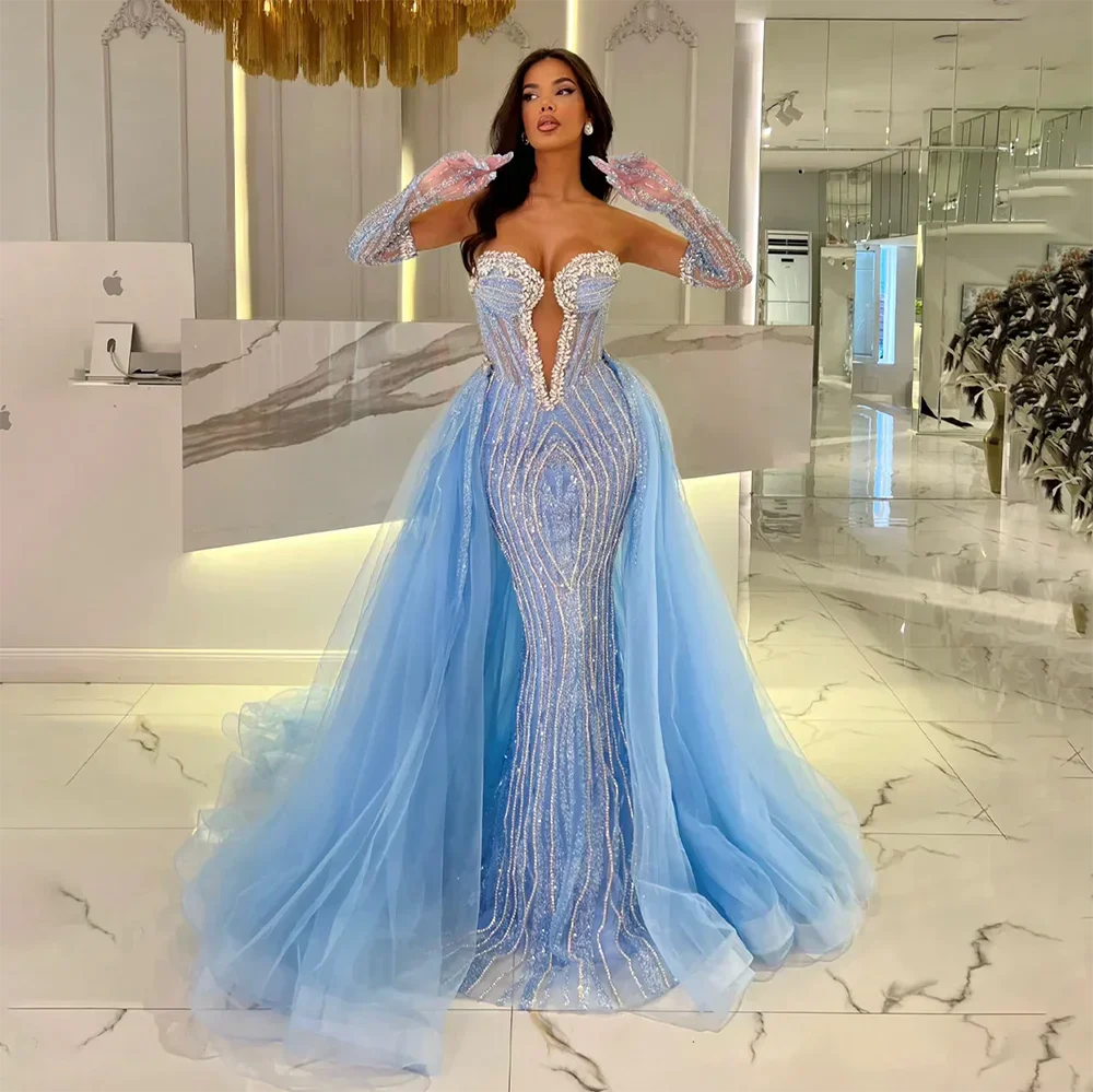 Vestidos de noche estilo sirena azul Arabia 2025 con guantes y sobrefalda para ocasiones formales LA72582