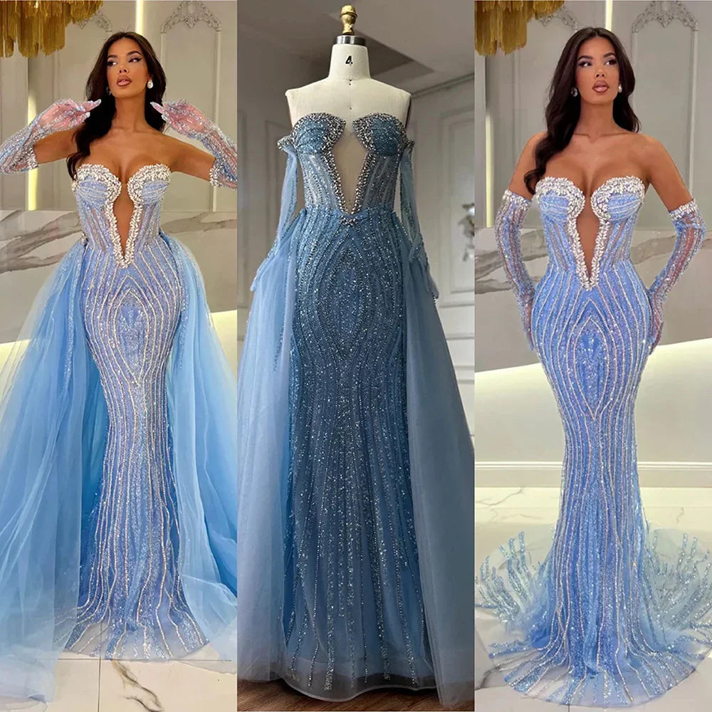 Vestidos de noche estilo sirena azul Arabia 2025 con guantes y sobrefalda para ocasiones formales LA72582
