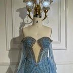 Vestidos de noche estilo sirena azul Arabia 2025 con guantes y sobrefalda para ocasiones formales LA72582
