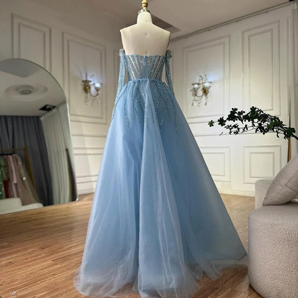 Vestidos de noche estilo sirena azul Arabia 2025 con guantes y sobrefalda para ocasiones formales LA72582