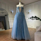 Vestidos de noche estilo sirena azul Arabia 2025 con guantes y sobrefalda para ocasiones formales LA72582