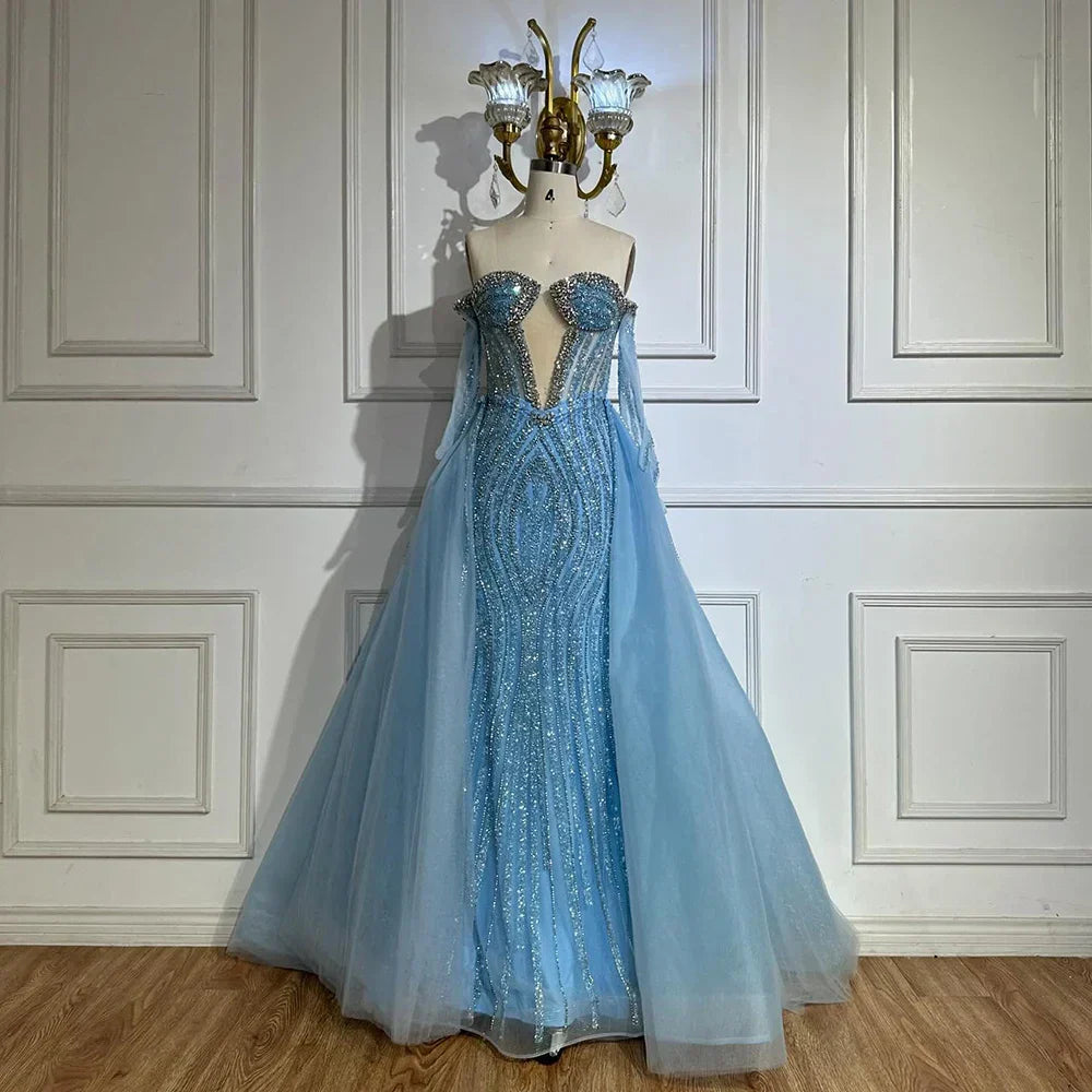 Vestidos de noche estilo sirena azul Arabia 2025 con guantes y sobrefalda para ocasiones formales LA72582