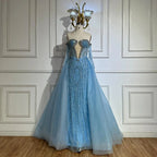 Vestidos de noche estilo sirena azul Arabia 2025 con guantes y sobrefalda para ocasiones formales LA72582