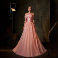 Vestido de noche Arabia Peach 2025, corte A, hombros descubiertos, apliques de satén, para ocasiones formales LA72830