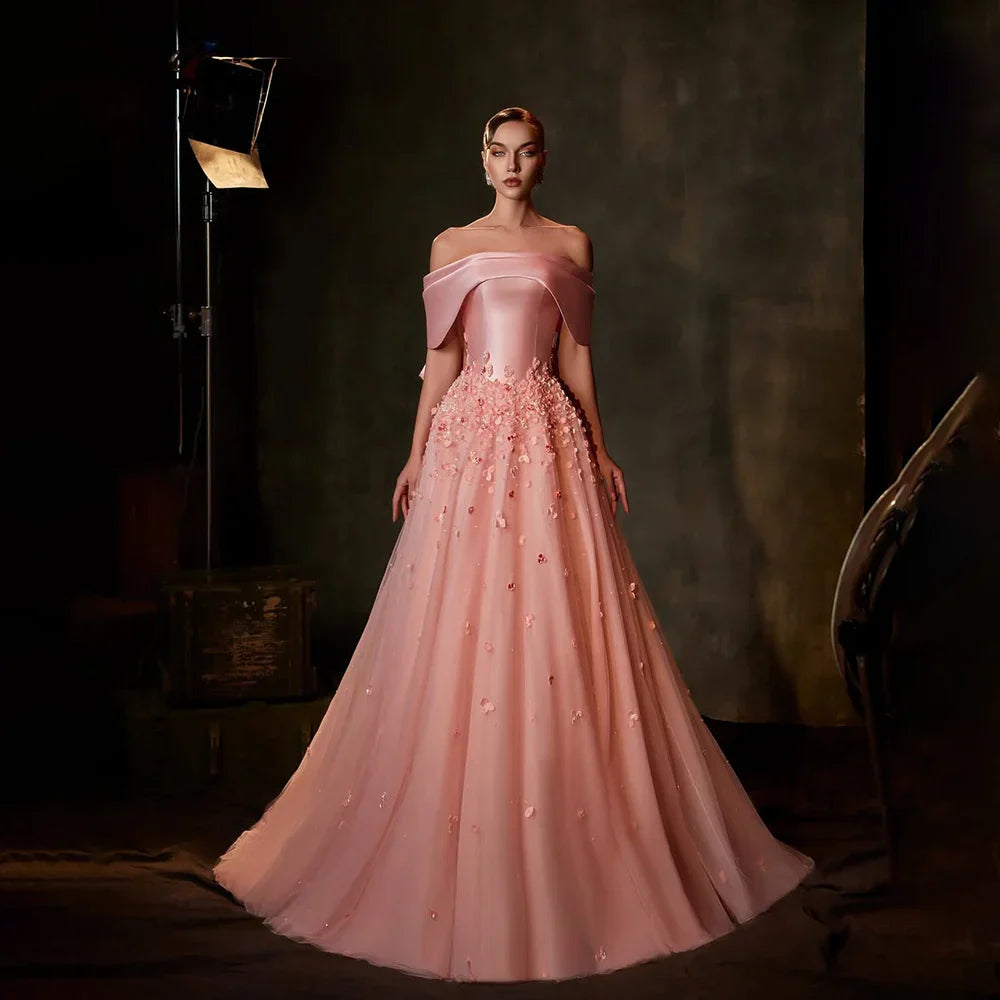 Vestido de noche Arabia Peach 2025, corte A, hombros descubiertos, apliques de satén, para ocasiones formales LA72830