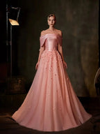 Vestido de noche Arabia Peach 2025, corte A, hombros descubiertos, apliques de satén, para ocasiones formales LA72830
