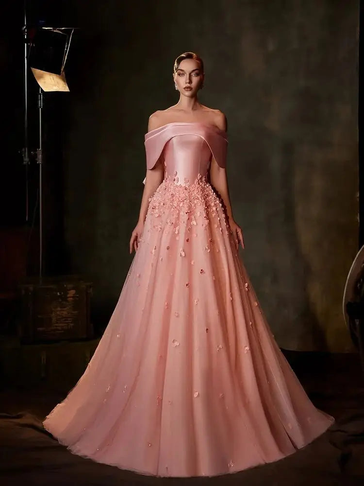 Vestido de noche Arabia Peach 2025, corte A, hombros descubiertos, apliques de satén, para ocasiones formales LA72830