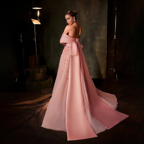 Vestido de noche Arabia Peach 2025, corte A, hombros descubiertos, apliques de satén, para ocasiones formales LA72830