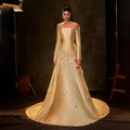 Vestido de noche corte A, satén amarillo Arabia, sin tirantes, con apliques, para ocasiones formales LA72833 