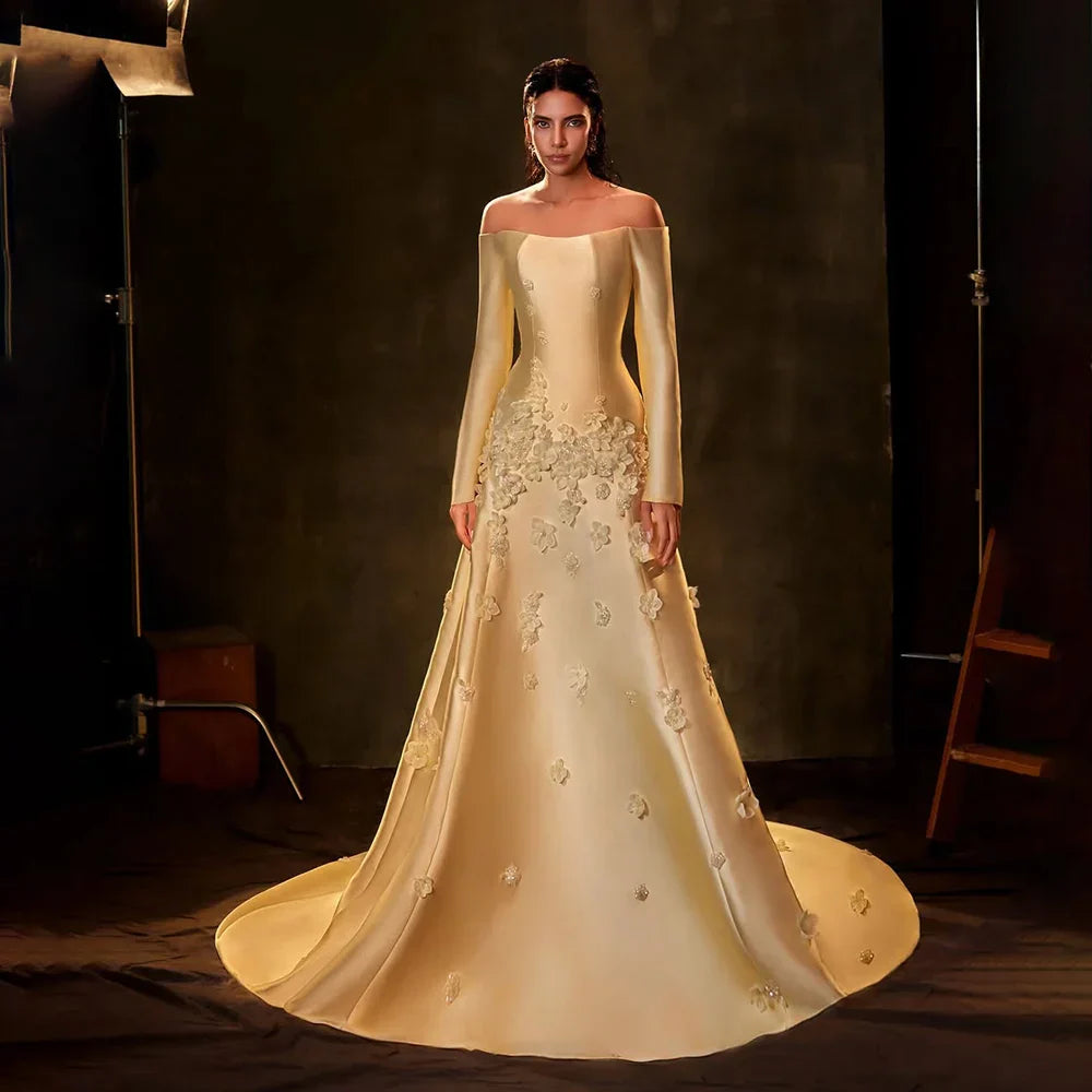 Vestido de noche corte A, satén amarillo Arabia, sin tirantes, con apliques, para ocasiones formales LA72833 