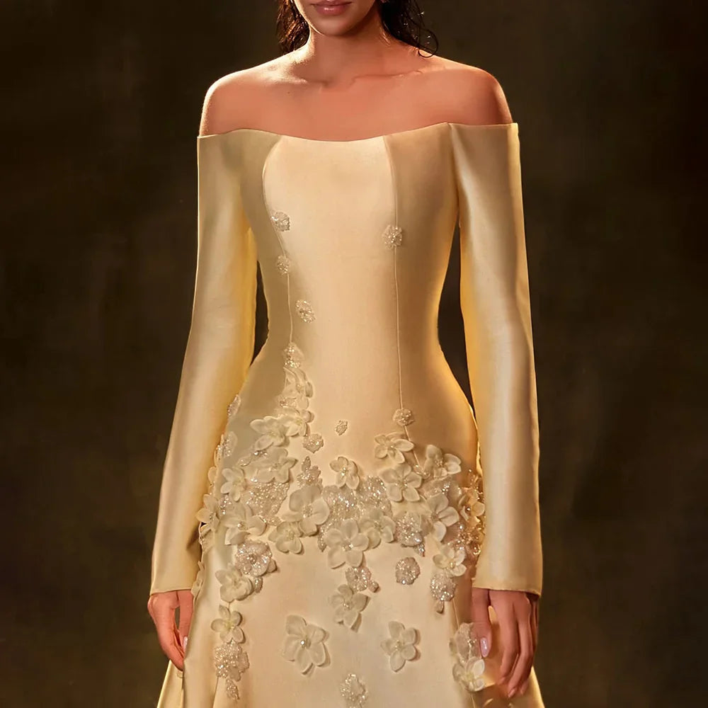 Vestido de noche corte A, satén amarillo Arabia, sin tirantes, con apliques, para ocasiones formales LA72833 