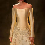 Vestido de noche corte A, satén amarillo Arabia, sin tirantes, con apliques, para ocasiones formales LA72833 