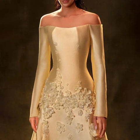 Robe de soirée en satin jaune Arabia 2025, coupe trapèze, sans bretelles, avec appliques, pour une occasion formelle, LA72833 