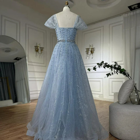 Blue A Line Beaded Backless Evening Dress Gown LA72834