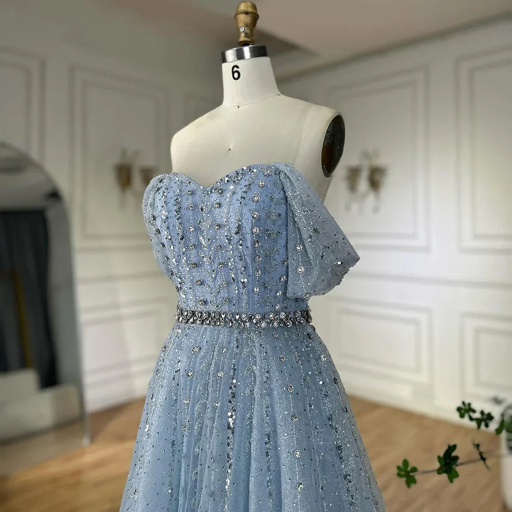 Blue A Line Beaded Backless Evening Dress Gown LA72834