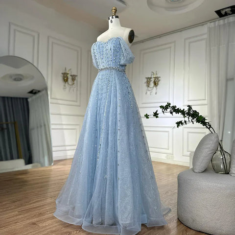 Blue A Line Beaded Backless Evening Dress Gown LA72834