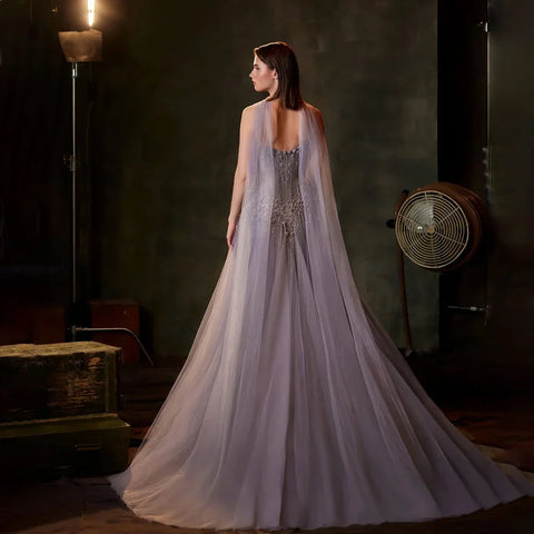 Robe de soirée bustier perlée style arabe lilas 2025, robe trapèze pour occasions formelles, LA72832 