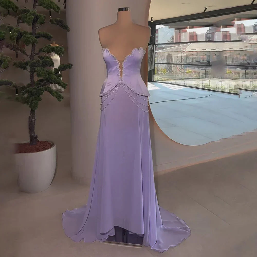 Vestidos de noche de satén color lila árabe, sin tirantes, estilo sirena, con cuentas, para ocasiones formales (LA72808) 