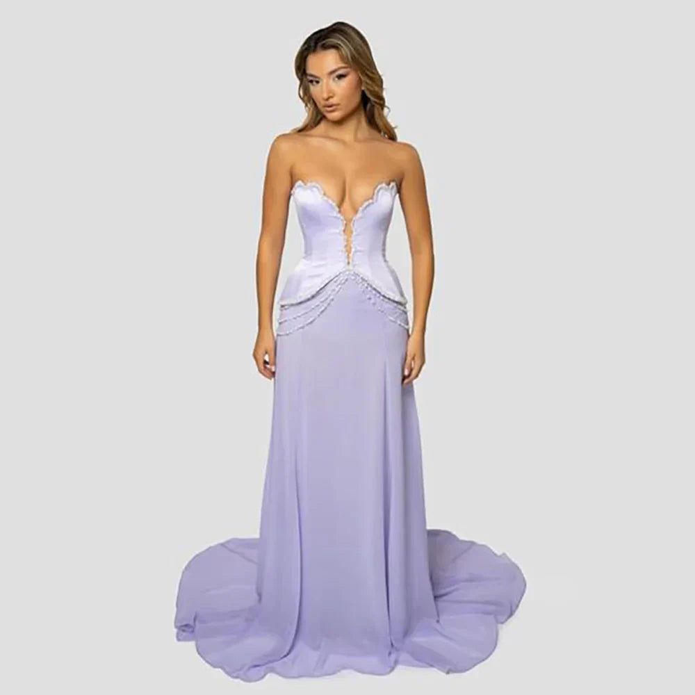 Vestidos de noche de satén color lila árabe, sin tirantes, estilo sirena, con cuentas, para ocasiones formales (LA72808) 