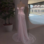 Vestidos de noche de satén color lila árabe, sin tirantes, estilo sirena, con cuentas, para ocasiones formales (LA72808) 