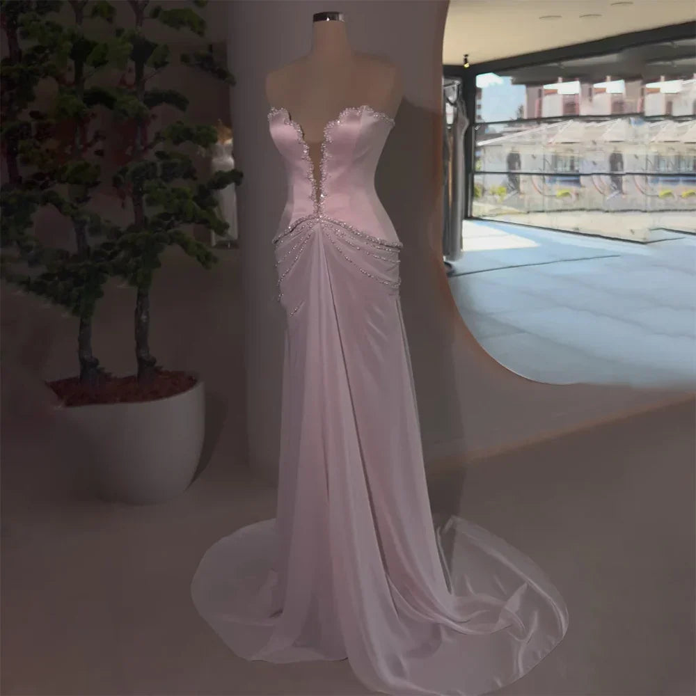Vestidos de noche de satén color lila árabe, sin tirantes, estilo sirena, con cuentas, para ocasiones formales (LA72808) 