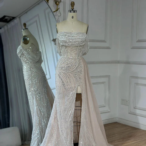 Vestido de noche de sirena con abertura alta y cuentas en color nude árabe blanco para mujer, para fiesta de boda LA72266B 