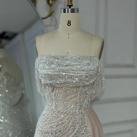 Vestido de noche de sirena con abertura alta y cuentas en color nude árabe blanco para mujer, para fiesta de boda LA72266B 