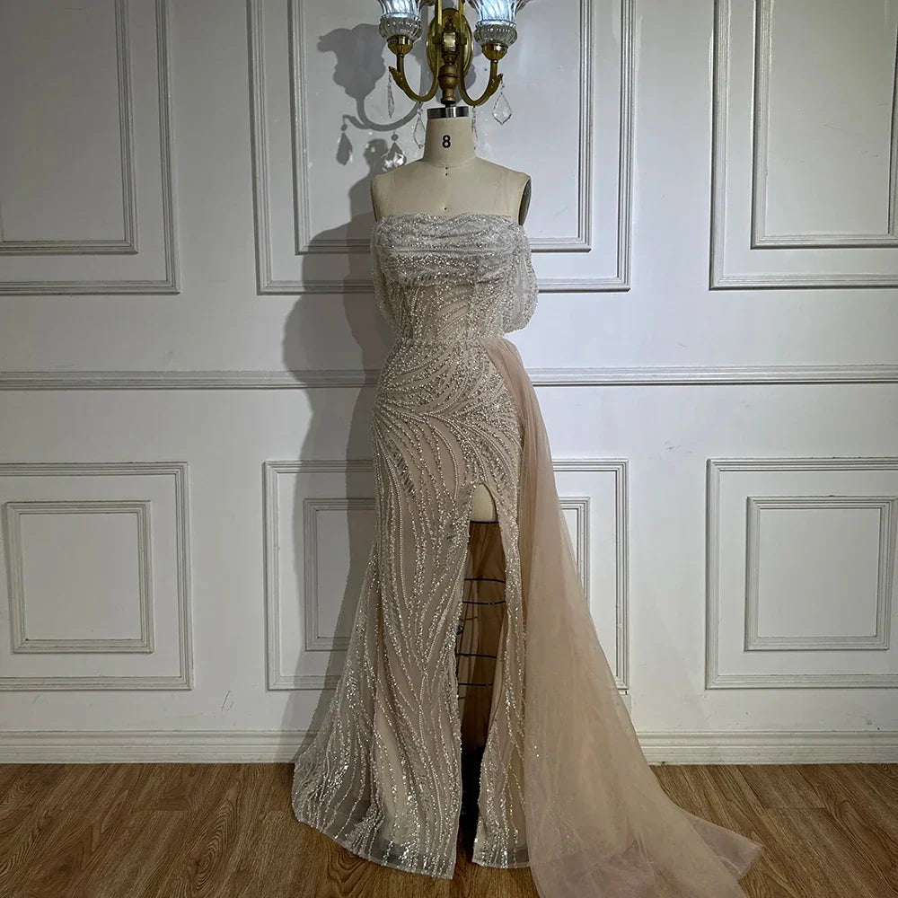 White Arabic Nude Beaded High Split Mermaid Evening Dresses Gowns For Women Wedding Party LA72266B