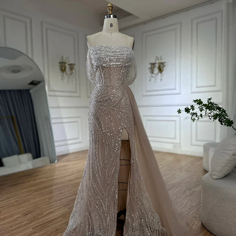 Vestido de noche de sirena con abertura alta y cuentas en color nude árabe blanco para mujer, para fiesta de boda LA72266B 