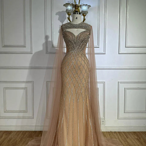 Nude Arabic Beaded Evening Dress Gown with Cape Sleeves LA72814