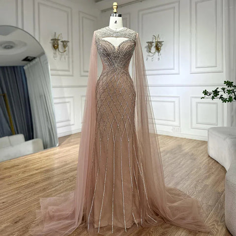Nude Arabic Beaded Evening Dress Gown with Cape Sleeves LA72814