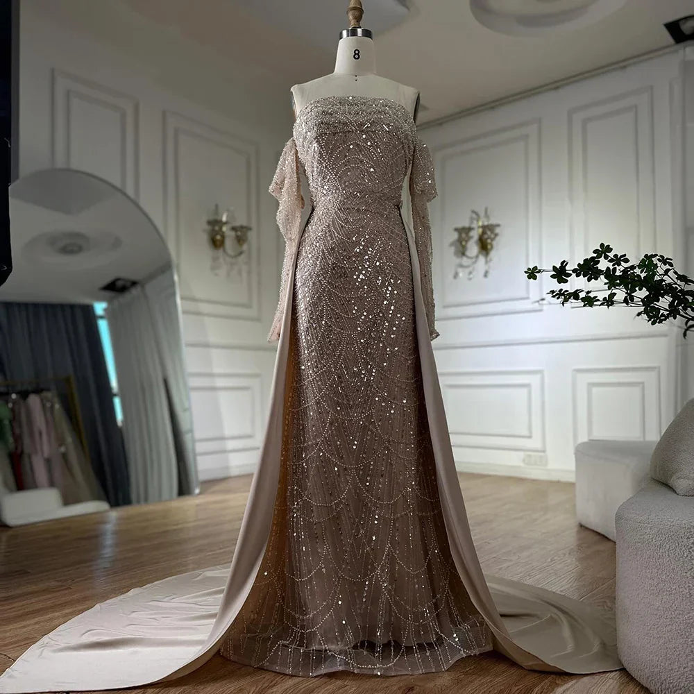 Vestido de noche de sirena con perlas color nude, estilo árabe, con sobrefalda, ideal para ocasiones formales (LA72160B) 