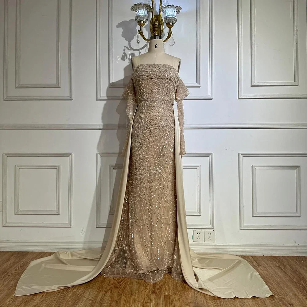 Vestido de noche de sirena con perlas color nude, estilo árabe, con sobrefalda, ideal para ocasiones formales (LA72160B) 