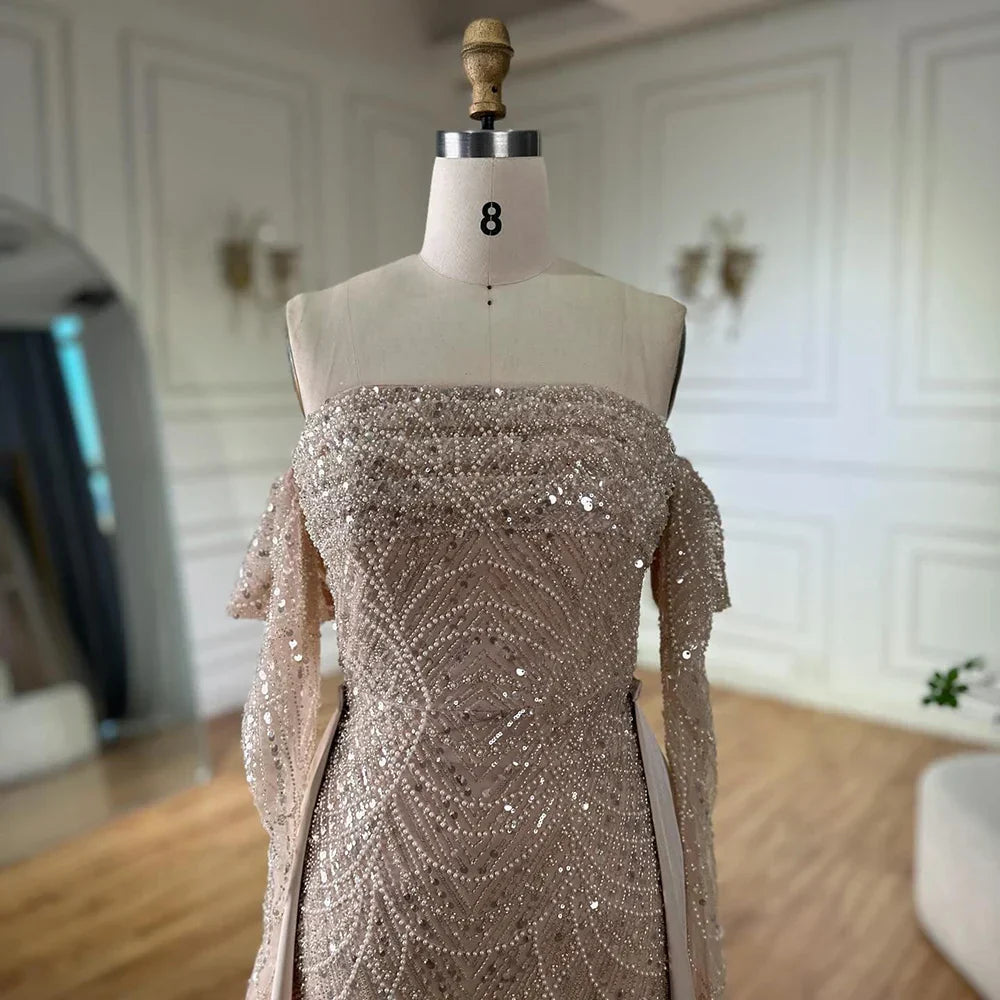 Vestido de noche de sirena con perlas color nude, estilo árabe, con sobrefalda, ideal para ocasiones formales (LA72160B) 