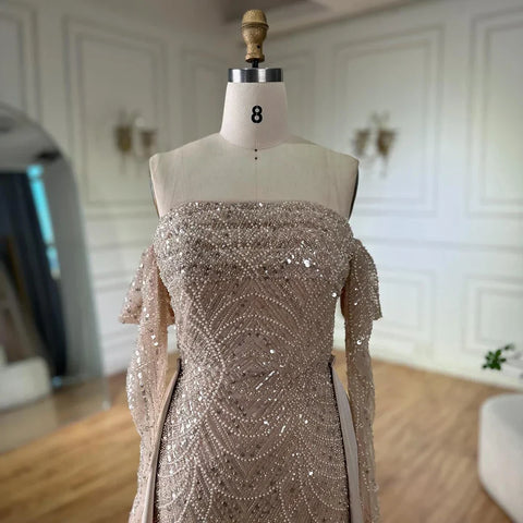 Vestido de noche de sirena con perlas color nude, estilo árabe, con sobrefalda, ideal para ocasiones formales (LA72160B) 